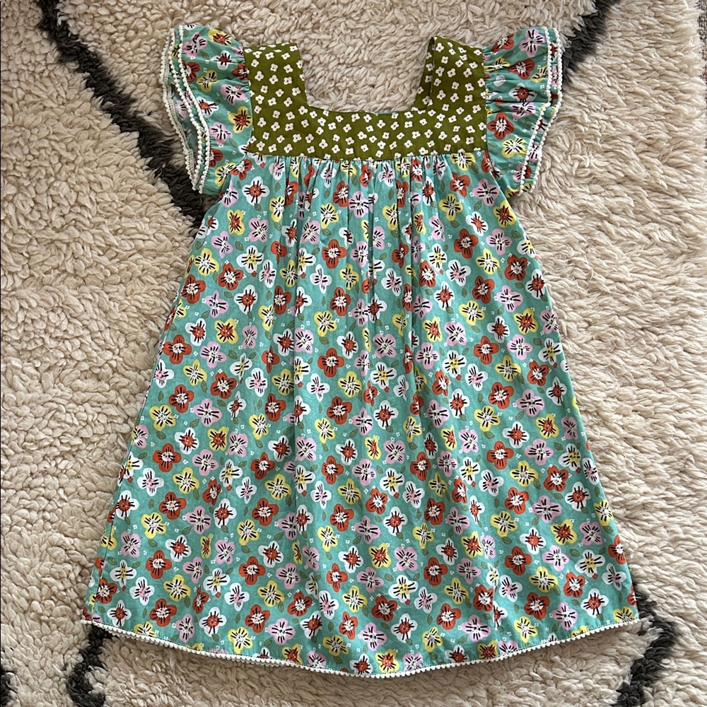 Charming Floral Kids Dress in Green and Blue